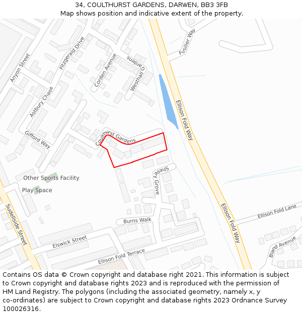 34, COULTHURST GARDENS, DARWEN, BB3 3FB: Location map and indicative extent of plot