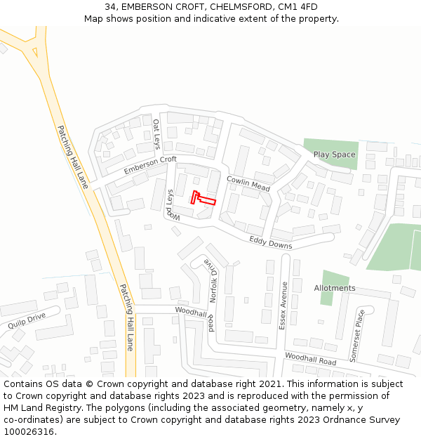 34, EMBERSON CROFT, CHELMSFORD, CM1 4FD: Location map and indicative extent of plot