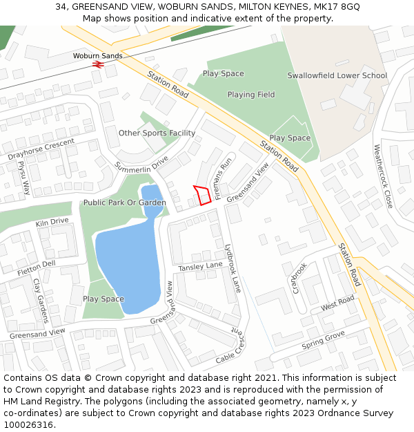 34, GREENSAND VIEW, WOBURN SANDS, MILTON KEYNES, MK17 8GQ: Location map and indicative extent of plot