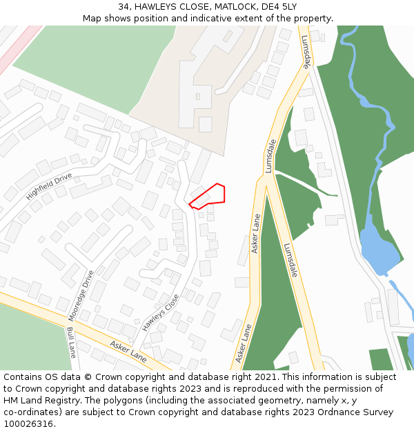 34, HAWLEYS CLOSE, MATLOCK, DE4 5LY: Location map and indicative extent of plot