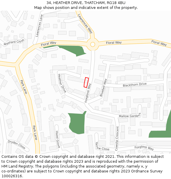 34, HEATHER DRIVE, THATCHAM, RG18 4BU: Location map and indicative extent of plot