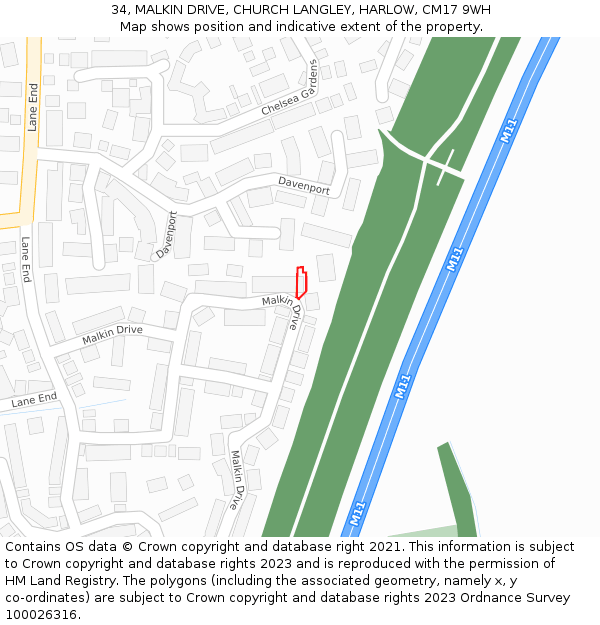 34, MALKIN DRIVE, CHURCH LANGLEY, HARLOW, CM17 9WH: Location map and indicative extent of plot