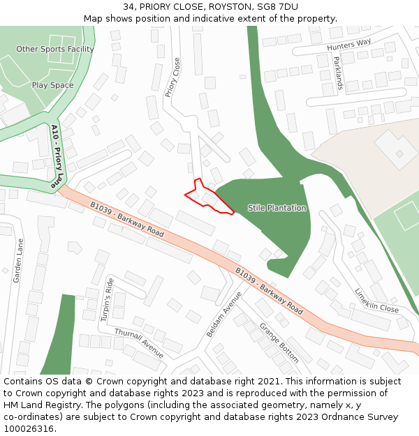 34, PRIORY CLOSE, ROYSTON, SG8 7DU: Location map and indicative extent of plot