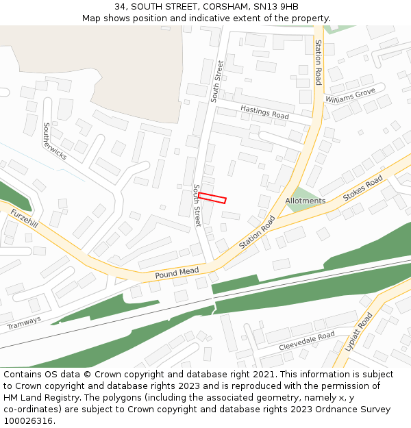 34, SOUTH STREET, CORSHAM, SN13 9HB: Location map and indicative extent of plot