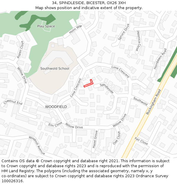 34, SPINDLESIDE, BICESTER, OX26 3XH: Location map and indicative extent of plot