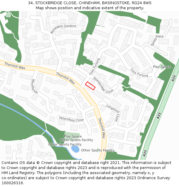 34, STOCKBRIDGE CLOSE, CHINEHAM, BASINGSTOKE, RG24 8WS: Location map and indicative extent of plot