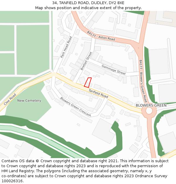 34, TANFIELD ROAD, DUDLEY, DY2 8XE: Location map and indicative extent of plot
