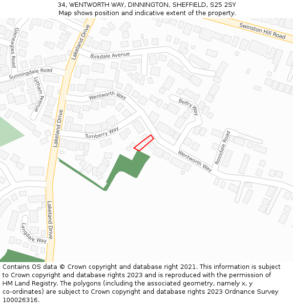 34, WENTWORTH WAY, DINNINGTON, SHEFFIELD, S25 2SY: Location map and indicative extent of plot