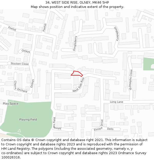 34, WEST SIDE RISE, OLNEY, MK46 5HP: Location map and indicative extent of plot