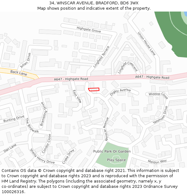 34, WINSCAR AVENUE, BRADFORD, BD6 3WX: Location map and indicative extent of plot