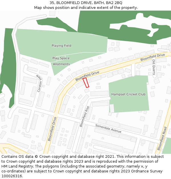 35, BLOOMFIELD DRIVE, BATH, BA2 2BQ: Location map and indicative extent of plot