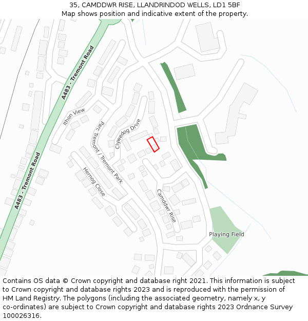 35, CAMDDWR RISE, LLANDRINDOD WELLS, LD1 5BF: Location map and indicative extent of plot