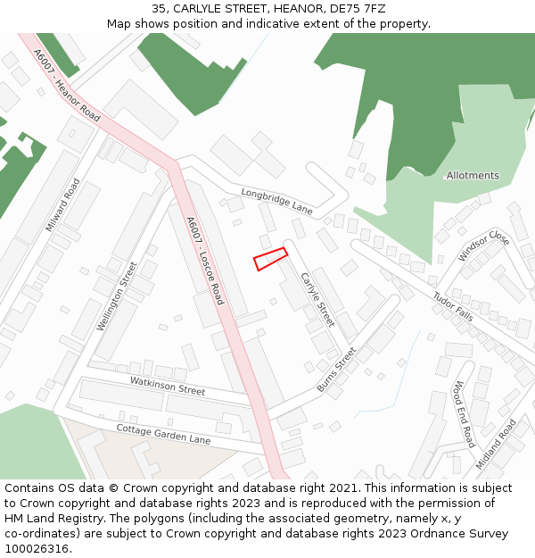 35, CARLYLE STREET, HEANOR, DE75 7FZ: Location map and indicative extent of plot