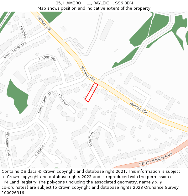 35, HAMBRO HILL, RAYLEIGH, SS6 8BN: Location map and indicative extent of plot