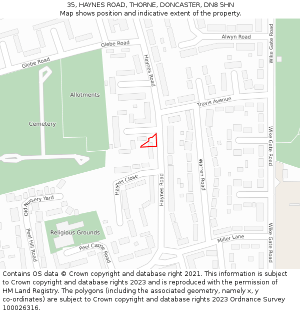 35, HAYNES ROAD, THORNE, DONCASTER, DN8 5HN: Location map and indicative extent of plot