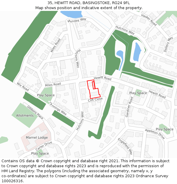 35, HEWITT ROAD, BASINGSTOKE, RG24 9FL: Location map and indicative extent of plot