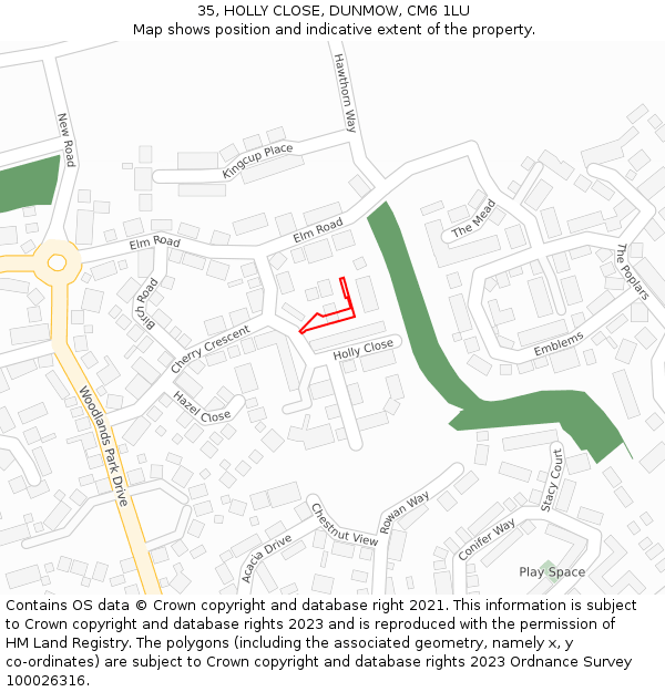 35, HOLLY CLOSE, DUNMOW, CM6 1LU: Location map and indicative extent of plot