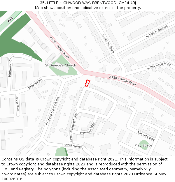 35, LITTLE HIGHWOOD WAY, BRENTWOOD, CM14 4RJ: Location map and indicative extent of plot