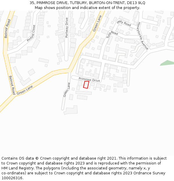 35, PRIMROSE DRIVE, TUTBURY, BURTON-ON-TRENT, DE13 9LQ: Location map and indicative extent of plot