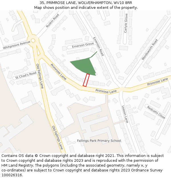 35, PRIMROSE LANE, WOLVERHAMPTON, WV10 8RR: Location map and indicative extent of plot