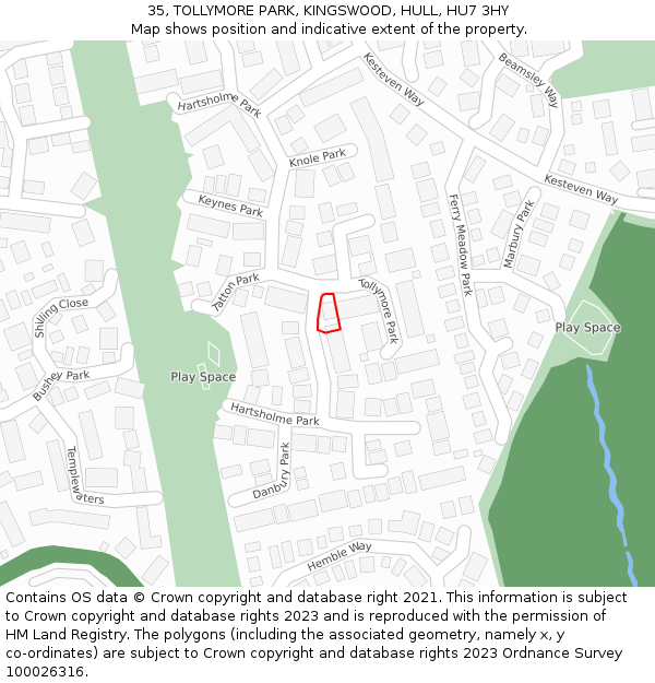 35, TOLLYMORE PARK, KINGSWOOD, HULL, HU7 3HY: Location map and indicative extent of plot