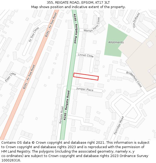 355, REIGATE ROAD, EPSOM, KT17 3LT: Location map and indicative extent of plot