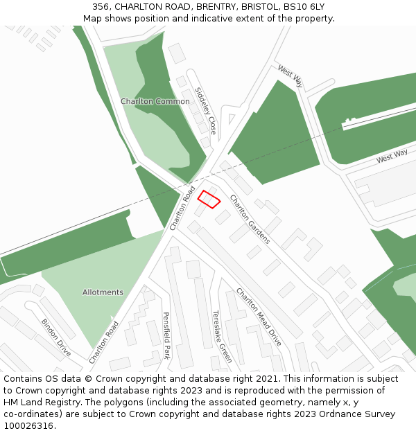 356, CHARLTON ROAD, BRENTRY, BRISTOL, BS10 6LY: Location map and indicative extent of plot
