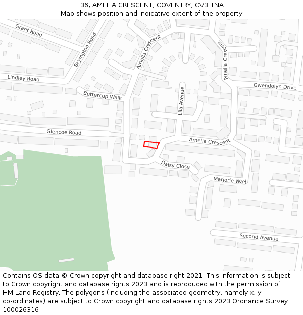 36, AMELIA CRESCENT, COVENTRY, CV3 1NA: Location map and indicative extent of plot