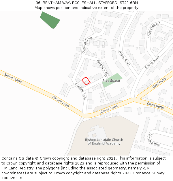 36, BENTHAM WAY, ECCLESHALL, STAFFORD, ST21 6BN: Location map and indicative extent of plot