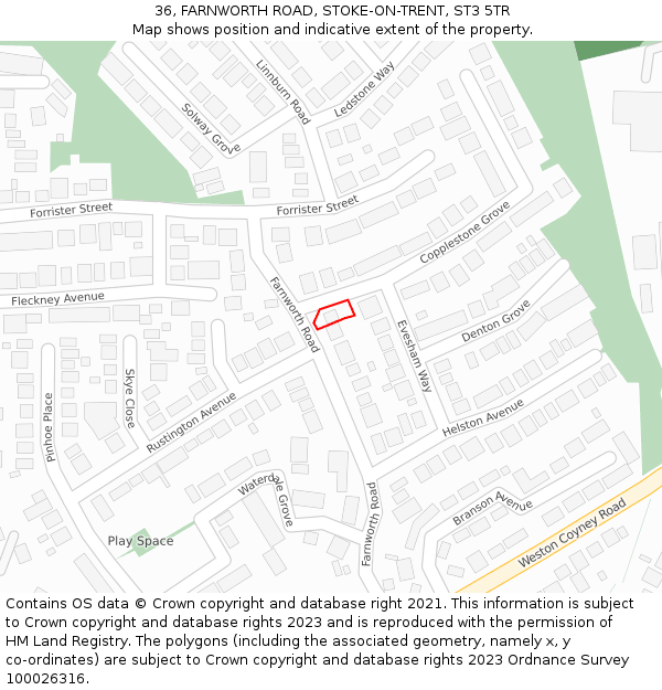 36, FARNWORTH ROAD, STOKE-ON-TRENT, ST3 5TR: Location map and indicative extent of plot