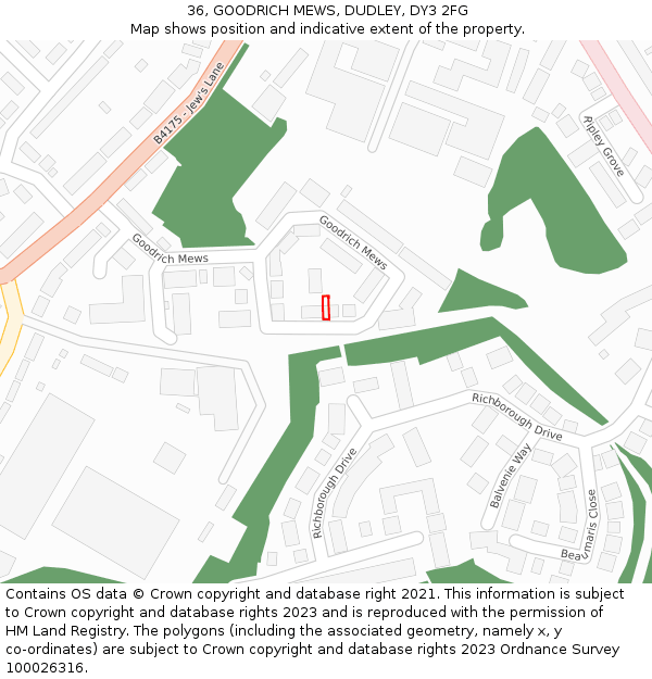 36, GOODRICH MEWS, DUDLEY, DY3 2FG: Location map and indicative extent of plot