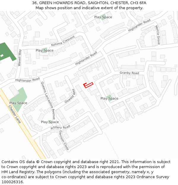 36, GREEN HOWARDS ROAD, SAIGHTON, CHESTER, CH3 6FA: Location map and indicative extent of plot