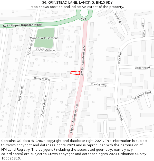 36, GRINSTEAD LANE, LANCING, BN15 9DY: Location map and indicative extent of plot