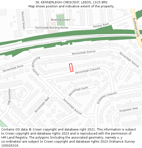 36, KENNERLEIGH CRESCENT, LEEDS, LS15 8RS: Location map and indicative extent of plot