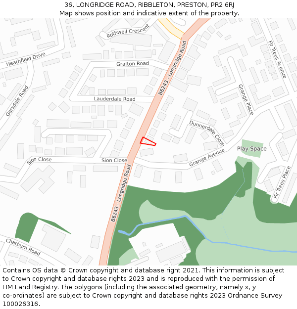 36, LONGRIDGE ROAD, RIBBLETON, PRESTON, PR2 6RJ: Location map and indicative extent of plot