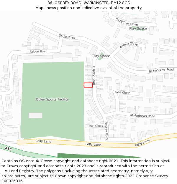 36, OSPREY ROAD, WARMINSTER, BA12 8GD: Location map and indicative extent of plot