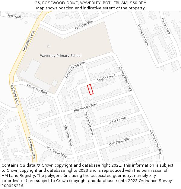 36, ROSEWOOD DRIVE, WAVERLEY, ROTHERHAM, S60 8BA: Location map and indicative extent of plot