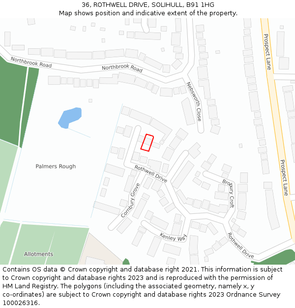 36, ROTHWELL DRIVE, SOLIHULL, B91 1HG: Location map and indicative extent of plot