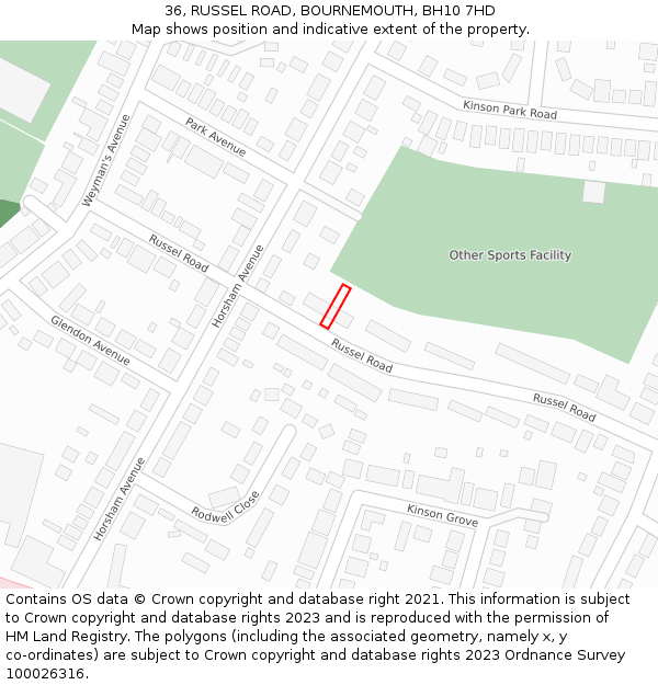 36, RUSSEL ROAD, BOURNEMOUTH, BH10 7HD: Location map and indicative extent of plot