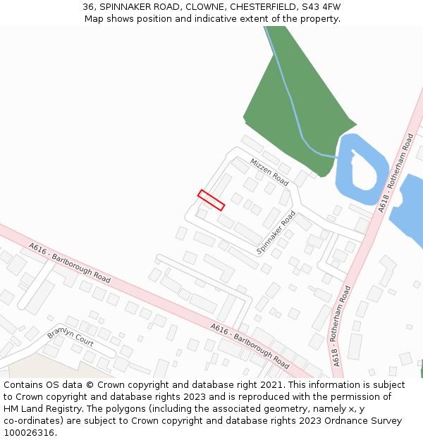 36, SPINNAKER ROAD, CLOWNE, CHESTERFIELD, S43 4FW: Location map and indicative extent of plot
