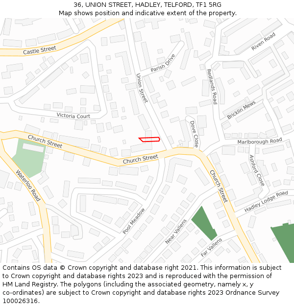 36, UNION STREET, HADLEY, TELFORD, TF1 5RG: Location map and indicative extent of plot