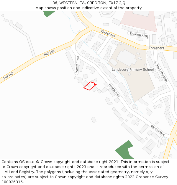 36, WESTERNLEA, CREDITON, EX17 3JQ: Location map and indicative extent of plot