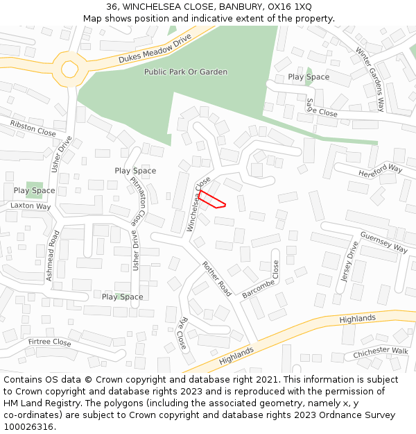 36, WINCHELSEA CLOSE, BANBURY, OX16 1XQ: Location map and indicative extent of plot