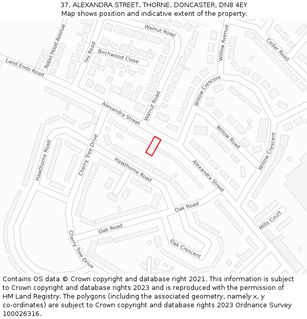 37, ALEXANDRA STREET, THORNE, DONCASTER, DN8 4EY: Location map and indicative extent of plot
