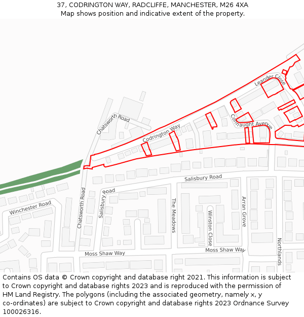 37, CODRINGTON WAY, RADCLIFFE, MANCHESTER, M26 4XA: Location map and indicative extent of plot