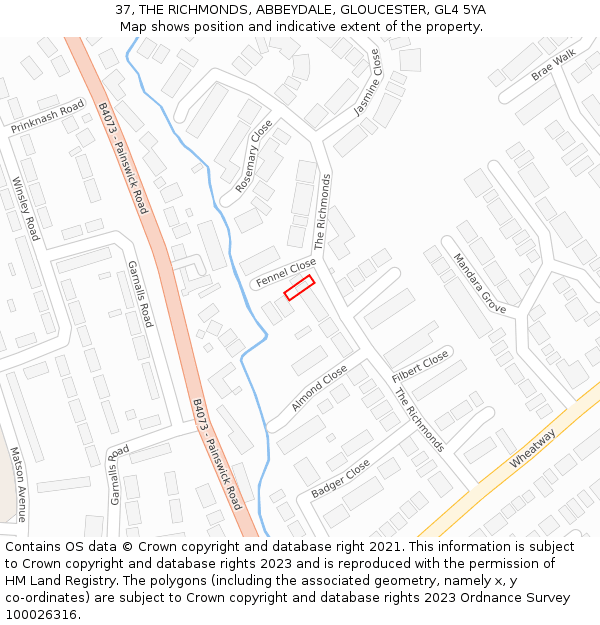 37, THE RICHMONDS, ABBEYDALE, GLOUCESTER, GL4 5YA: Location map and indicative extent of plot