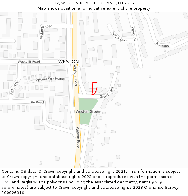 37, WESTON ROAD, PORTLAND, DT5 2BY: Location map and indicative extent of plot