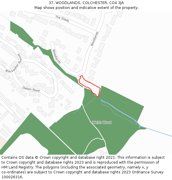 37, WOODLANDS, COLCHESTER, CO4 3JA: Location map and indicative extent of plot
