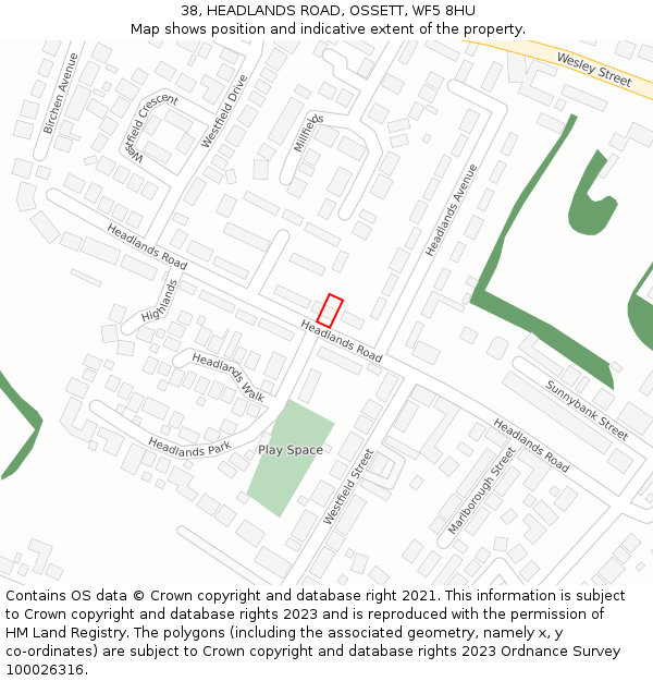 38, HEADLANDS ROAD, OSSETT, WF5 8HU: Location map and indicative extent of plot