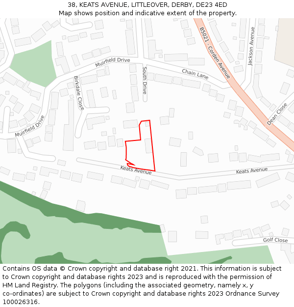 38, KEATS AVENUE, LITTLEOVER, DERBY, DE23 4ED: Location map and indicative extent of plot